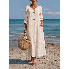 Women's Midi Cotton Linen Dress Shift Dress Casual Daily Regular Fit Plain Long Sleeve V Neck Blue White Pink Green Summer Spring Fall idi Dress Plain V Neck S