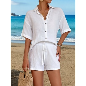 Women's Textured Shorts Sets Short Sleeve Shirt Collar Solid Color Fashion Streetwear Casual Daily Outdoor Black White Summer Regular Fit