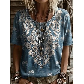 Women's T Shirt Print Floral Graphic Plants Vintage Stylish Casual Short Sleeve V Neck Regular Tops Casual Daily Weekend Blue Yellow Red Brown Summer Spring