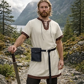 Set Retrò Vintage Medievale Rinascimento Cintura in Vita Marsupio Tunica con accessori Maniche corte Vichingo Ranger Girocollo Costume Per uomo Fantas