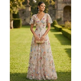 A-Line Dress Floor Length Maxi Dress Party Dress Cocktail Dress Mother of the Bride Dress Short Sleeve V Neck Elegant Vintage Luxurious Formal Wedding Guest Ke
