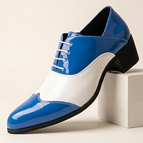 Men's Blue and White Patent Leather Oxford Shoes Lace-Up Formal Dress Shoes Fashion Statement Footwear for Weddings, Parties, Banquets, Stage Performances and