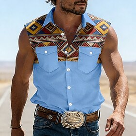 Men's Geometric Pattern Ethnic Western Shirt Cowboy Shirt Sleeveless Shirt Sleeveless Western Style Vintage Retro Outdoor Work Causal Summer Spring Turndown 3D