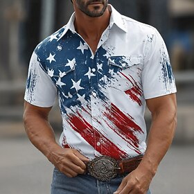 Men's U.S. 250th Anniversary American Flag Shirt Western Shirt Button Up Shirt Short Sleeve Patriotic Outdoor Holiday Summer Spring Turndown 3D Print Front Two