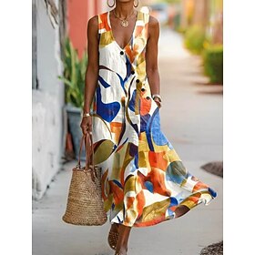 Women's Maxi Dress Sundress Casual Dress A Line Dress Elegant Vacation Stylish Beach Holiday Regular Fit Graphic Geometric Abstract Sleeveless V Neck Black Yel