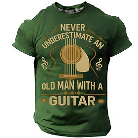 Men's Never Underestimate An Old Man With A Guitar Acoustic Guitar Strings G-Clef Musical Notes Vintage Retro Music Lover T Shirt Tee Graphic Regular Fit Fathe