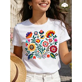 Women's 100% Cotton T Shirt Print Floral Graphic Plants Vintage Stylish Classic Short Sleeve Crew Neck Regular Tops Casual Daily Weekend White Summer Spring