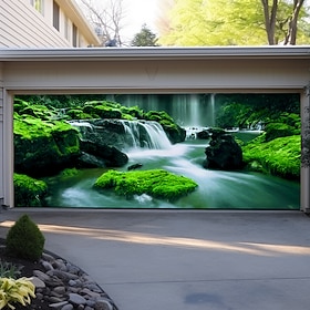 Foresta di muschio verde lussureggiante cascata panoramica porta del garage banner cartellone pubblicitario 3D paesaggio naturale esterno casa murale 