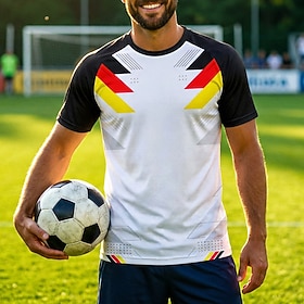 Camiseta de futebol masculina, gola redonda, manga curta, tecido respirável, proteção solar UPF50, Alemanha, nas cores preto, branco, vermelho e amarelo com es