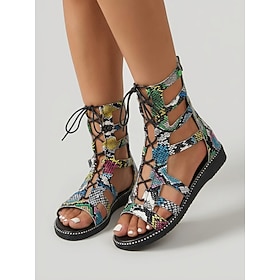 Women's Snake Print Gladiator Sandals – Lace-Up Strappy Flat Shoes, Bold Boho Style for Outdoor Vacation, Travel, Beach Summer Festival