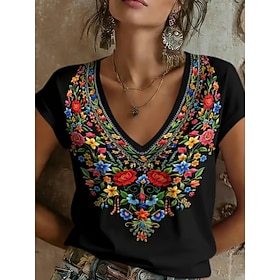 Women's T Shirt Embroidered Print Graphic Plants Tribal Stylish Classic Casual Short Sleeve V Neck Regular Tops Casual Daily Black White Red Green Summer Sprin