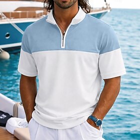 Men's Polo Shirts Casual Holiday Standing Collar Zip Short Sleeve Basic Modern Color Block Color Block Buttons Spring Summer Blue Black Yellow Navy Blue Gray