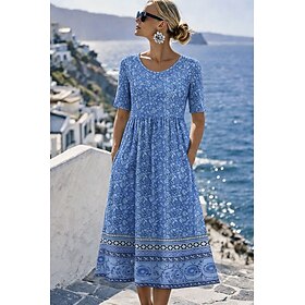 Women's Midi Dress Shift Dress Vacation Casual Regular Fit Floral Graphic Bohemian Short Sleeve Crew Neck Blue Pink Purple Summer Spring