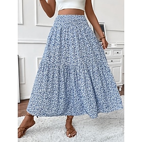 Women's Vacation Skirt Fashion Casual Maxi High Waist Skirts Floral Print Micro-elastic Daily Street Blue Black Yellow Red Summer