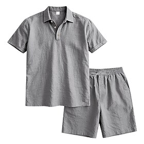 Men's Linen Shirt 2 Piece Popover Shirt And Shorts Linen Shorts Beach Shorts Set Plain Daily Outdoor Vacation Turndown Short Sleeve Summer Fashion Casual Comfo