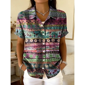 Women's Shirt Buttons Print Graphic Geometric Abstract Vintage Daily Stylish Short Sleeve Shirt Collar Regular Tops Casual Daily Purple Green Summer Spring