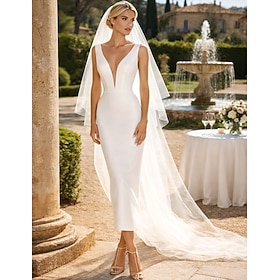 Sheath Column Ankle Length Wedding Dresses Bridal Shower Dresses Bridal Gown Simple Little White Dresses Sleeveless V Neck Graduation Birthday Satin with / Sol