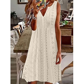 Women's Mini Dress White Dress Casual Dress Summer Dress Eyelet Dress Elegant Fashion Modern Beach Vacation Holiday Regular Fit Plain Sleeveless V Neck Pink Be