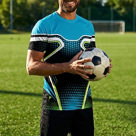 Camiseta de futebol masculina, gola redonda, manga curta, tecido respirável, proteção solar UPF50, estampa geométrica degradê, azul.