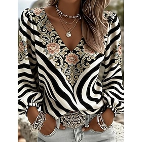 Women's Shirt Floral Graphic Geometric Bohemia Vacation Vintage Long Sleeve V Neck Long Tops Casual Daily Holiday Maroon Black Purple Beige Summer Spring