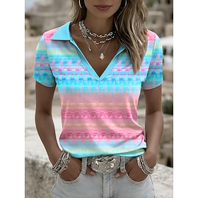 Women's T Shirt Color Block Print Graphic Geometric Stylish Classic Casual Short Sleeve Polo Collar Regular Tops Casual Daily Sports Blue Pink Purple Green Sum