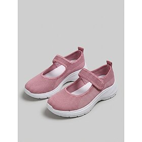Women's Pink Knit Mary Jane Sneakers, Adjustable Strap Walking Shoes, Comfortab…