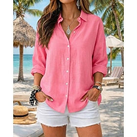 Women's Cotton Shirt Button Up Shirt Blouse Solid Color Plain Vintage Stylish Modern Long Sleeve Shirt Collar Long Tops Daily Holiday Going out Blue White Yell