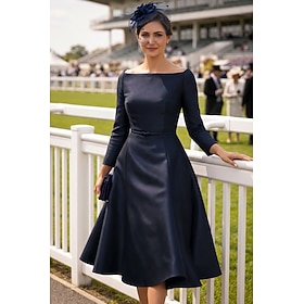 A-Line Tea Length Knee Length Party Dress Cocktail Dress Wedding Guest Dress Mother of the Bride Dress Long Sleeve Jewel Neck Elegant Simple Wedding Party Taff