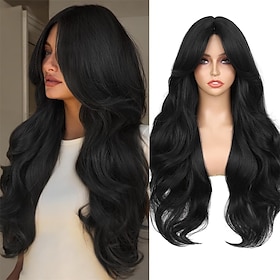 Long Wavy Wig 26 Inch Curtain Bang Wig with Realistic Hairline Synthetic Long Black Wig With Bangs Natural Wavy Wigs For Black Women Daily Party Use