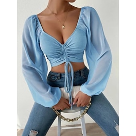 Women's Shirt Blouse Chiffon Tops Ruched Plain Stylish Basic Classic Long Sleeve V Neck Regular Tops Casual Daily Party Blue Maroon Black White Light Green Sum