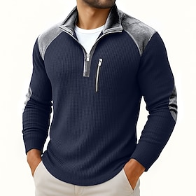 Men's Men Henley Shirt Waffle Knit Tee Shirts With Elbow Patches Long Sleeve Quarter Zip Pockets Zip Up Patchwork Fall Winter Spring Fall Retro Vintage Casual