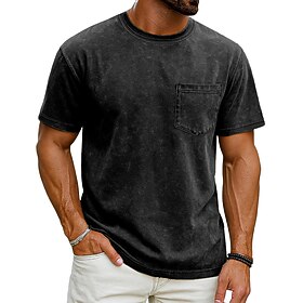 Men's T Shirt 100% Cotton Acid Wash Shirt Short Sleeve Crew Neck Summer Spring All Seasons Solid Color Elegant Vintage Neutral Pocket Garment Dyed Distressed C
