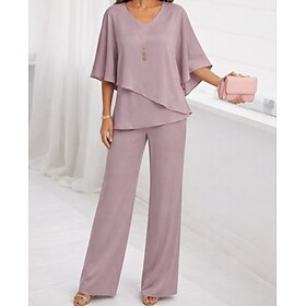 Women's Blouse Wide Leg Pants 3/4 Length Sleeve V Neck Plain Ruffle Fashion Streetwear Daily Casual Daily Pink Purple Khaki Spring Fall Regular Fit