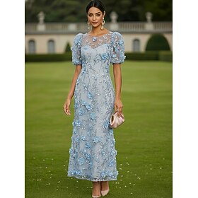 Sheath Column Ankle Length Lace Dress Cocktail Dresses Elegant Vintage Floral Short Sleeve One Shoulder Garden Party Wedding Satin Tulle with 3D Flowers Bow(s)