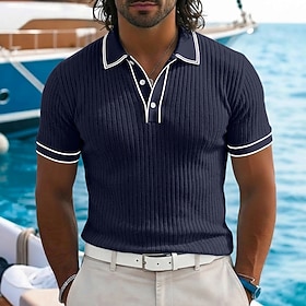 Men's Textured Golf Shirt Casual Holiday Lapel Ribbed Polo Collar Short Sleeve Basic Modern Color Block Patchwork Pocket Spring Summer Summer Regular White Bu