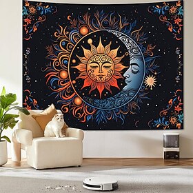 Boho Mandala Wall Tapestry Crescent Moon Starry Night Flower Wall Hanging Burnt Orange Hippie Psychedelic Art Large Fabric Poster for Bedroom Dorm Living Room