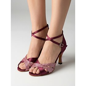 Women's Burgundy Satin Latin Dance Heels, Rhinestone Strappy Open Toe Ballroom Shoes for Salsa, Tango, Practice Performance