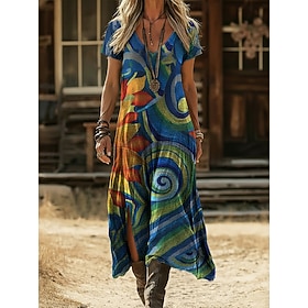 Women's Midi Dress Boho Dress Casual Dress A Line Dress Print Dress Vintage Outdoor Vacation Weekend Regular Fit Graphic Color Block Short Sleeve V Neck Blue S