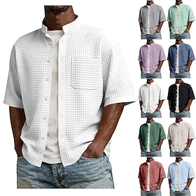 Men's Shirt Waffle Shirt Casual Shirt Button Up Shirt Black White Light Green Pink Burgundy Short Sleeve Plain Grandad Collar Casual Daily Front Pocket Clothin
