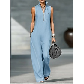 Women's Normal Jumpsuit Active Solid Color Sleeveless Wide Leg Shirt Collar Zipper Pocket Daily Vacation Loose Fit Blue Black Yellow Summer