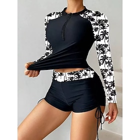 Women's Rash Guard 2 Piece Swimsuit Rash Guard Floral Swimwear Black UPF 50 Long Sleeve - Surfing Beach Swimming Summer