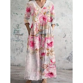 Women's Maxi Dress Casual Dress Print Dress Elegant Vintage Fashion Outdoor Vacation Weekend Loose Fit Floral Long Sleeve V Neck Pink Summer Spring