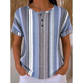 Women's Waffle T Shirt Print Striped Chest Buttons Plaid Stylish Classic Modern Short Sleeve Crew Neck Henley Regular Tops Daily Blue Black Yellow Pink Summer