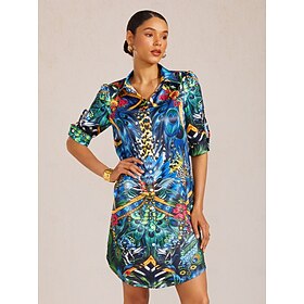 Jungle Wild Party Silky Satin Straight Shirt Dress