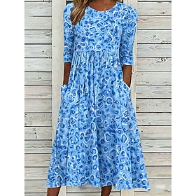 Women's Midi Dress Shift Dress Vacation Casual Boho Regular Fit Floral Graphic Abstract Half Sleeve Crew Neck Blue Red Purple Summer Spring