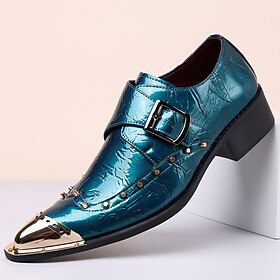 Men's Teal Faux Leather Buckle Dress Loafers with Metal Toe Cap Studded Details Pointed-Toe Vintage Luxe Formal Shoes for Fashion-Forward Men, Ideal for Weddin