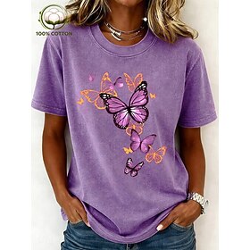 Women's 100% Cotton T Shirt Print Acid Wash Vintage Washed Butterfly Stylish Basic Classic Short Sleeve Crew Neck Regular Tops Casual Daily Blue Black Pink Pur