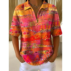 Women's Waffle Summer Tops Graphic Geometric Elegant Vintage Sleeveless Short Sleeve Shirt Collar Regular Tops Casual Daily Black Yellow Light Purple Purple Or