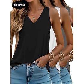 Multi Packs 3pcs Women's V Neck Sleeveless BluePinkBlack Tank Sleeveless Shirt Tee Top Solid Color Casual Daily Polyester Summer