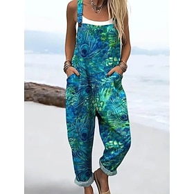 Women's Overall Active Floral Sleeveless Sleeveless Wide Leg Square Neck Pocket Print Daily Beach Loose Fit Blue Orange Green Summer